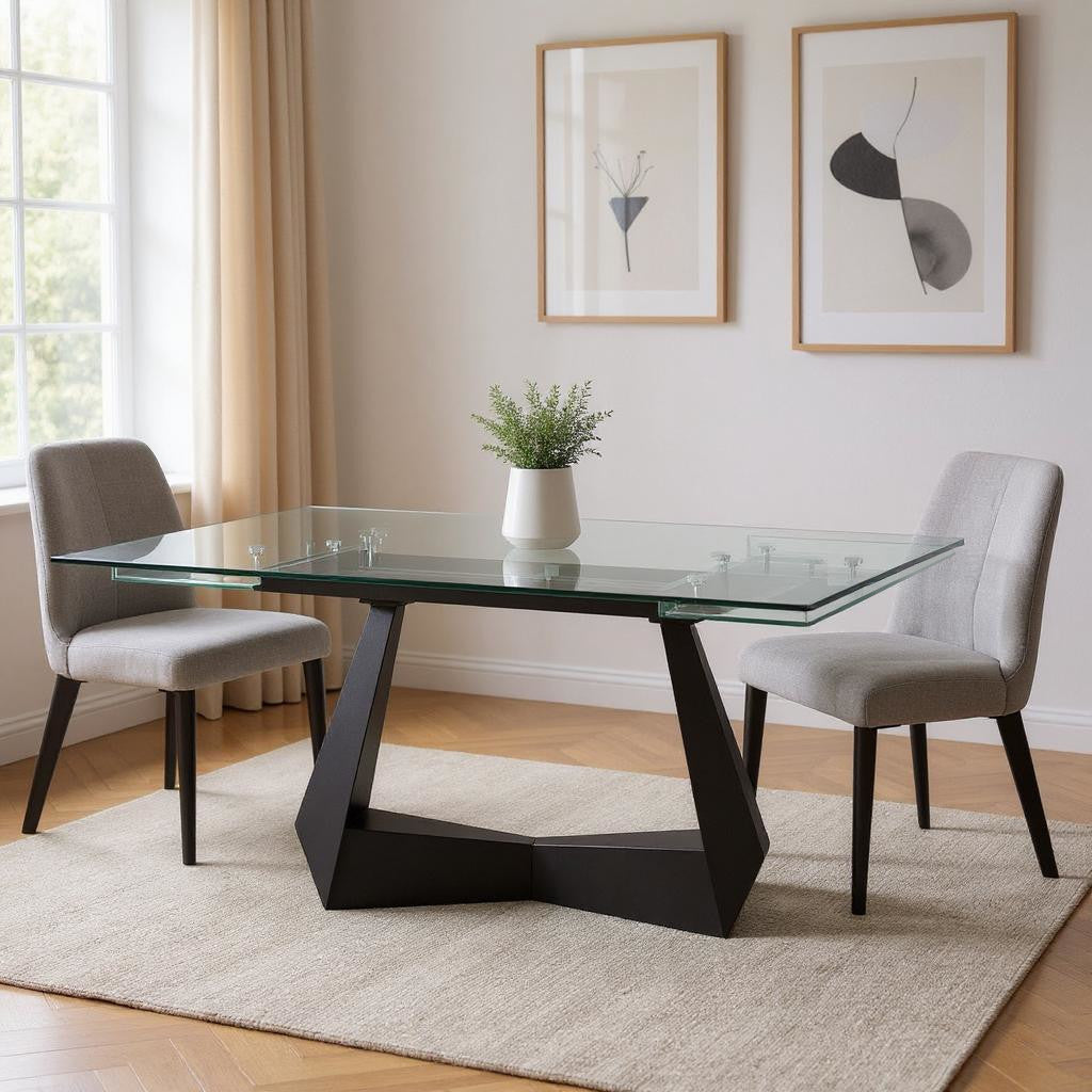 71 Clear and Black Glass and Metal Self-Storing Leaf Sled Base Extendable Dining Table