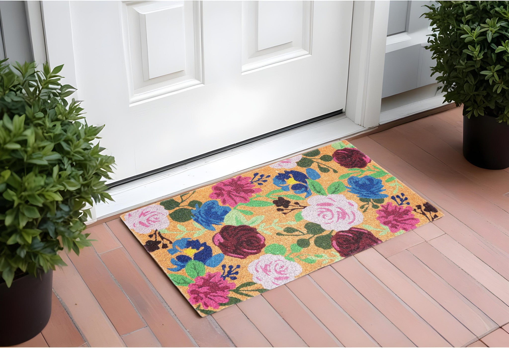 24 X 36 Natural Pink and Green Coir Floral Outdoor Door Mat
