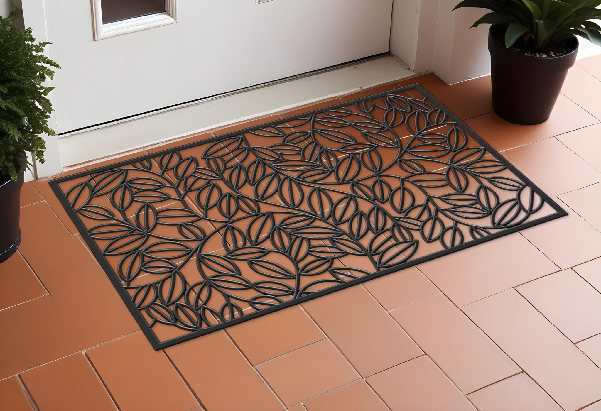 24 X 36 Black Rubber Botanical Leaves Outdoor Door Mat