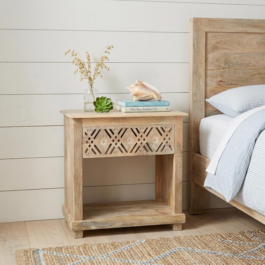 28 Natural Solid Wood Carved Geometric One Drawer Nightstand