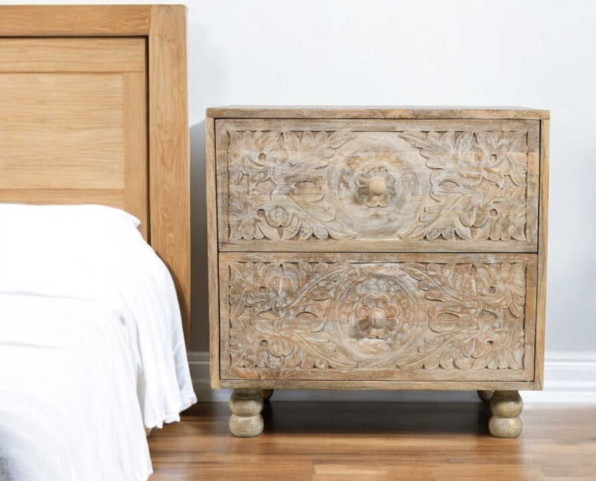 24'' Natural Two Drawer Distressed Carved Floral Solid Wood Nightstand