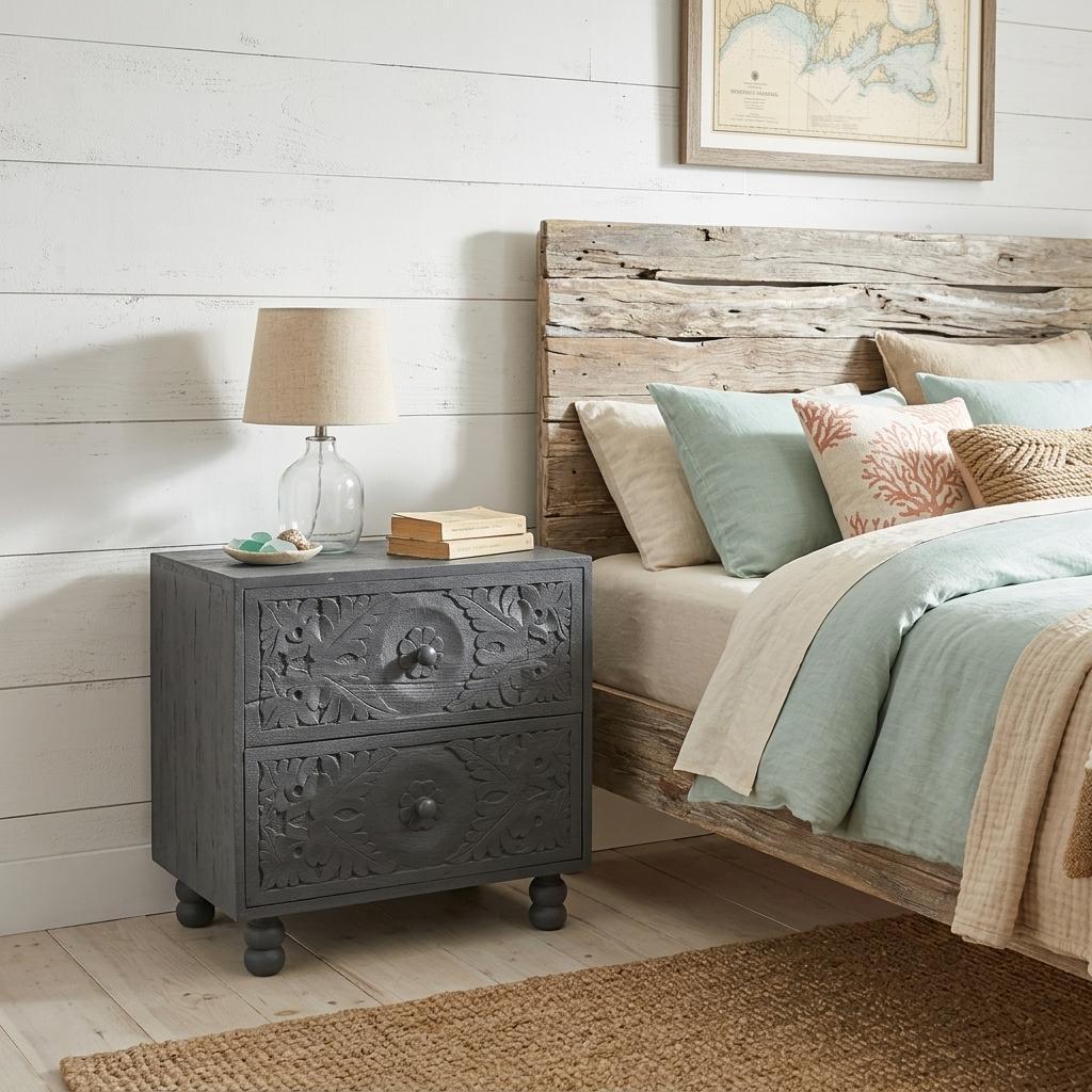 24 Gray Solid Wood Carved Scrollwork Two Drawer Nightstand