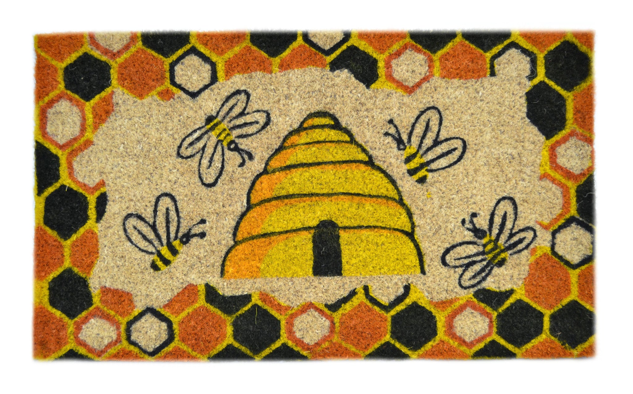 18 X 30 Beige and Orange Coir Bees Outdoor Spring Door Mat