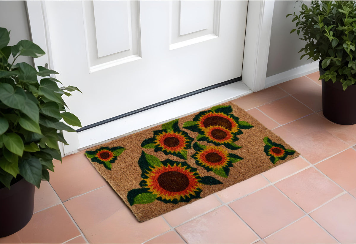 18'' X 30'' Brown Orange and Yellow Coir Floral Outdoor Summer Door Mat