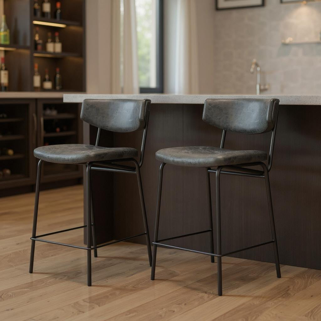 Set of Two 30 Black Faux Leather and Steel Low Back Bar Height Bar Chairs