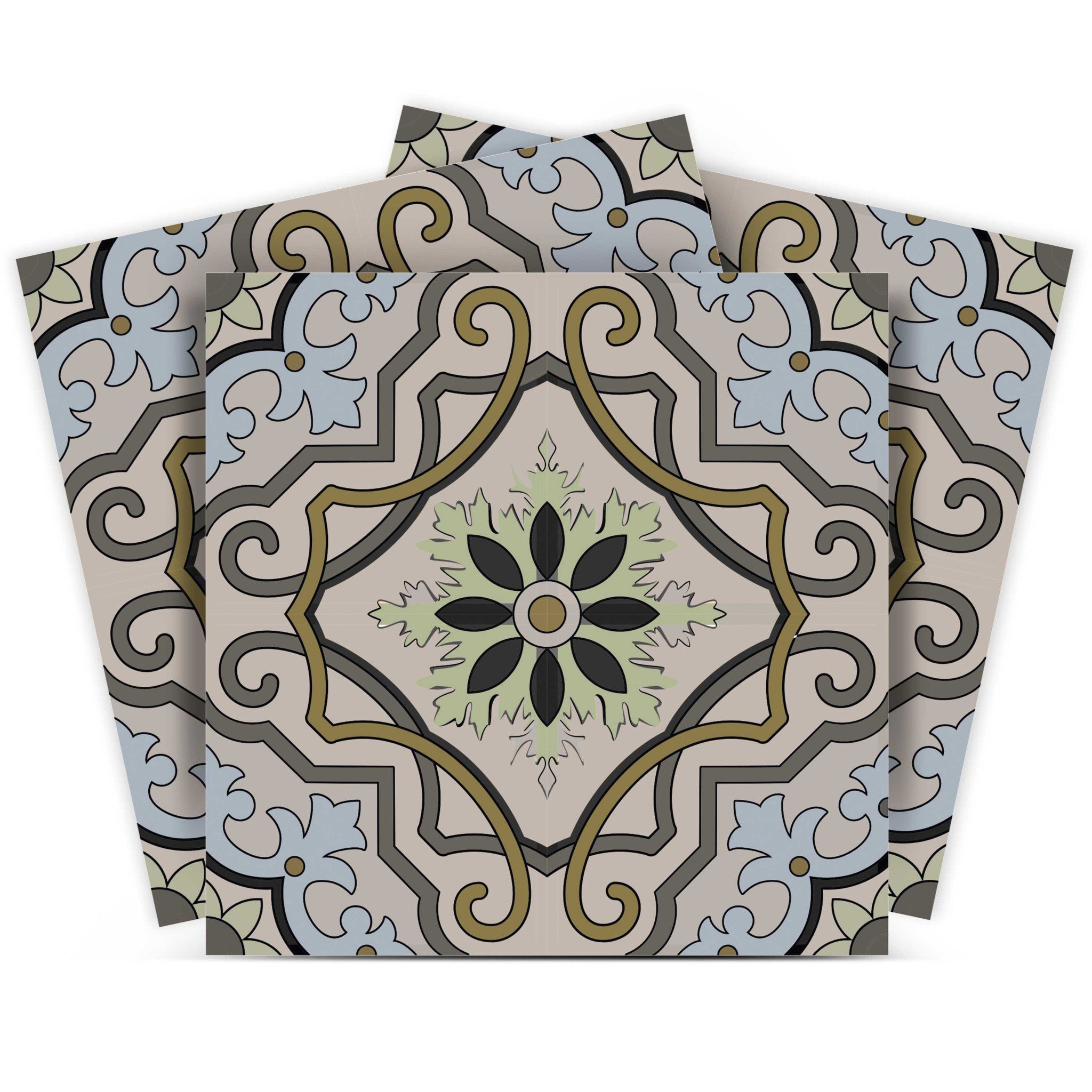 12 X 12 Taupe and Blue Scroll Peel and Stick Tiles