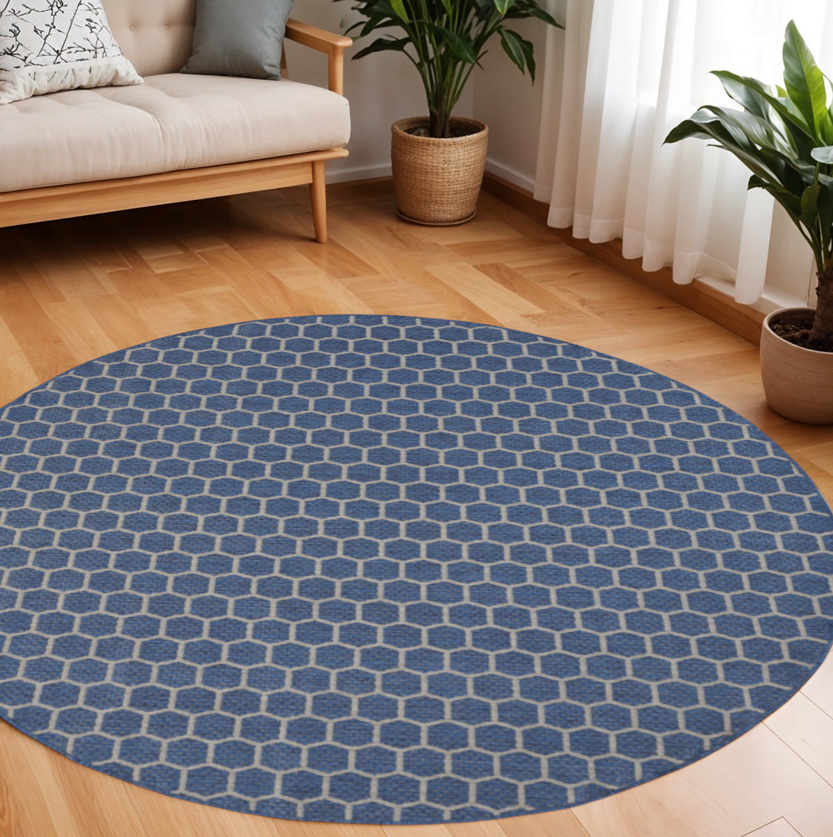 8 Blue And Ivory Geometric Indoor Outdoor Area Rug