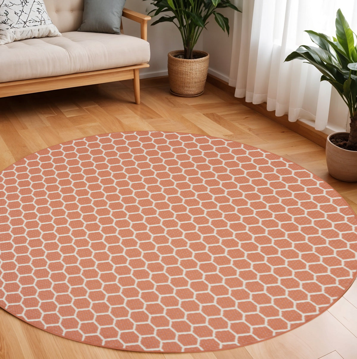 8 Coral And Ivory Geometric Indoor Outdoor Area Rug