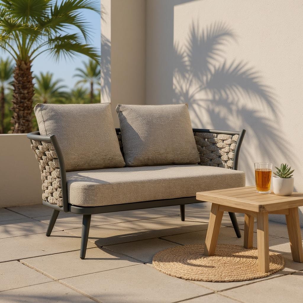 56 Dark Gray Aluminum Outdoor Love Seat with Taupe Cushions