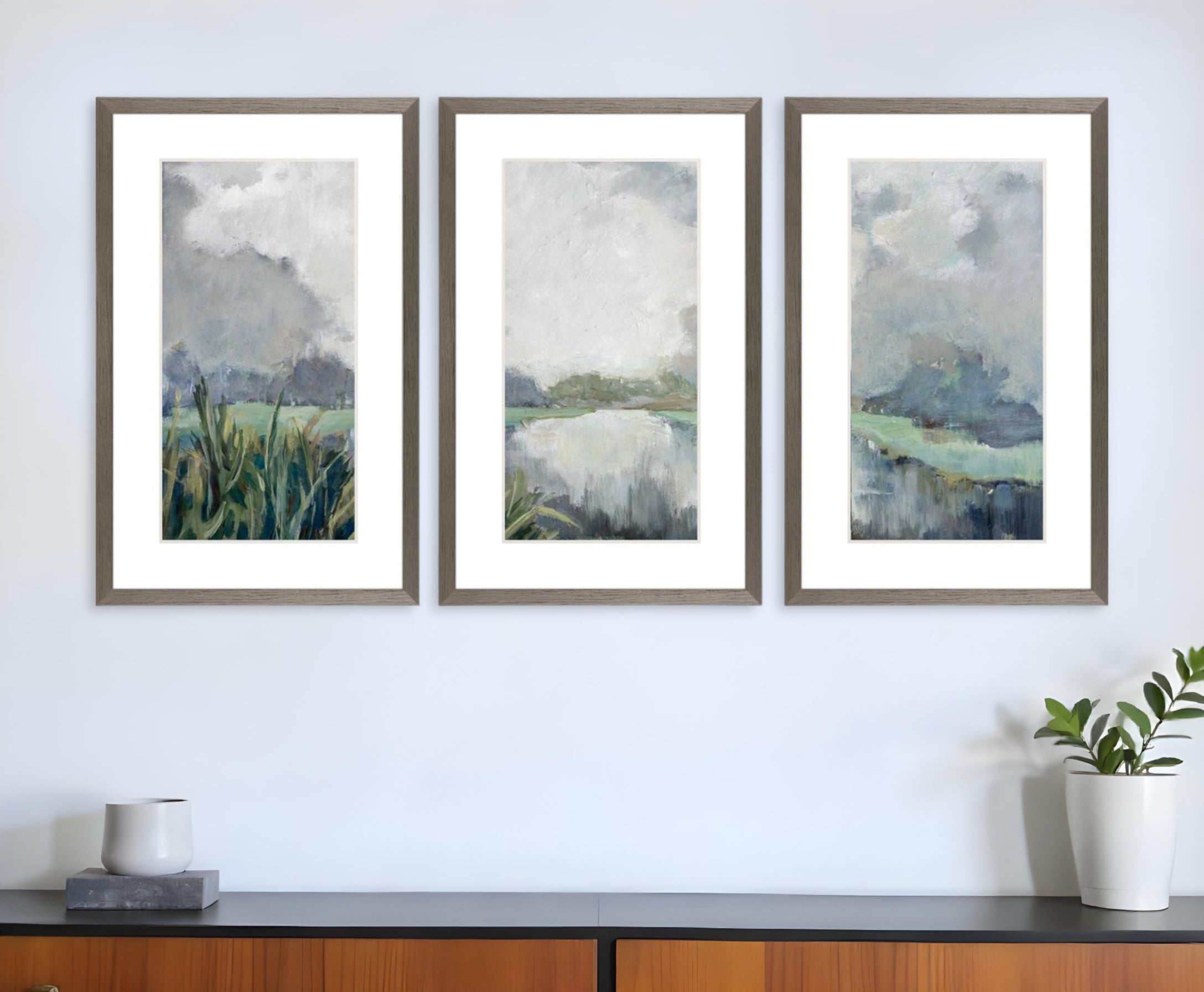 Set Of Three Lakeside Watercolor Passage Silver Framed Wall Art
