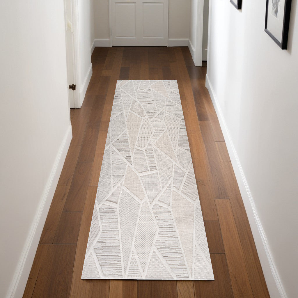 8 Gray And Cream Geometric Runner Rug