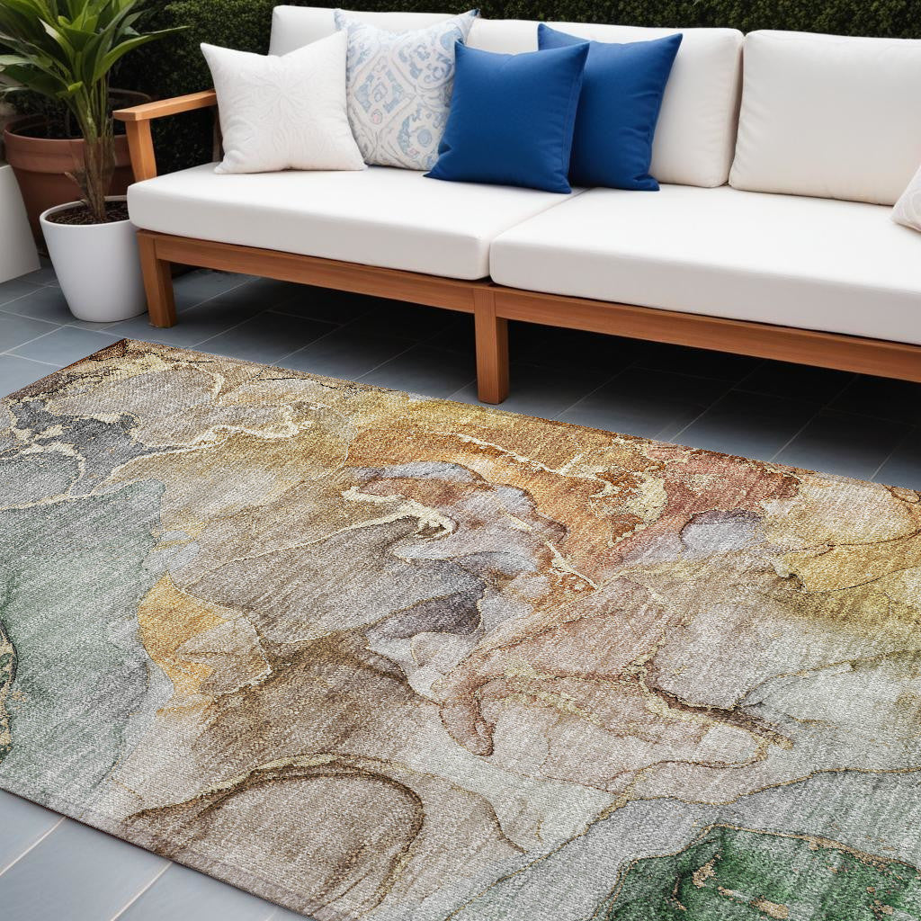 8' X 10' Gray And Gold Abstract Washable Non Skid Indoor Outdoor Area Rug