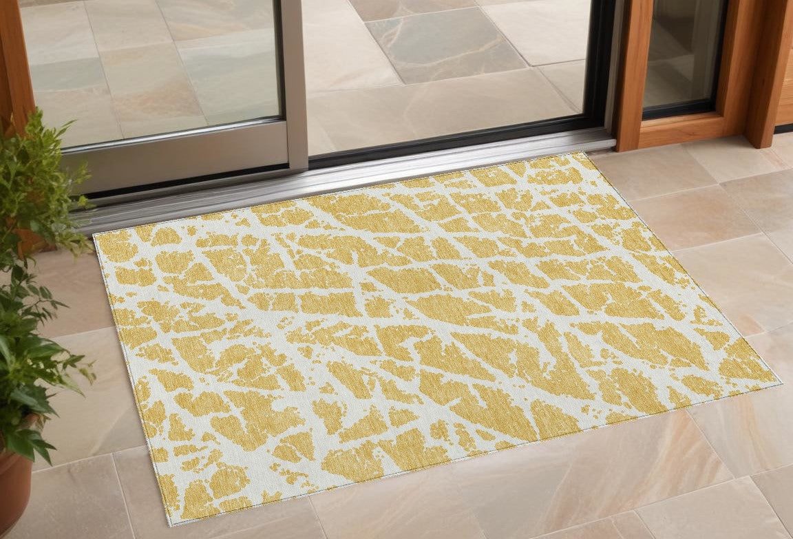 3' X 5' Gold And White Abstract Washable Non Skid Indoor Outdoor Area Rug