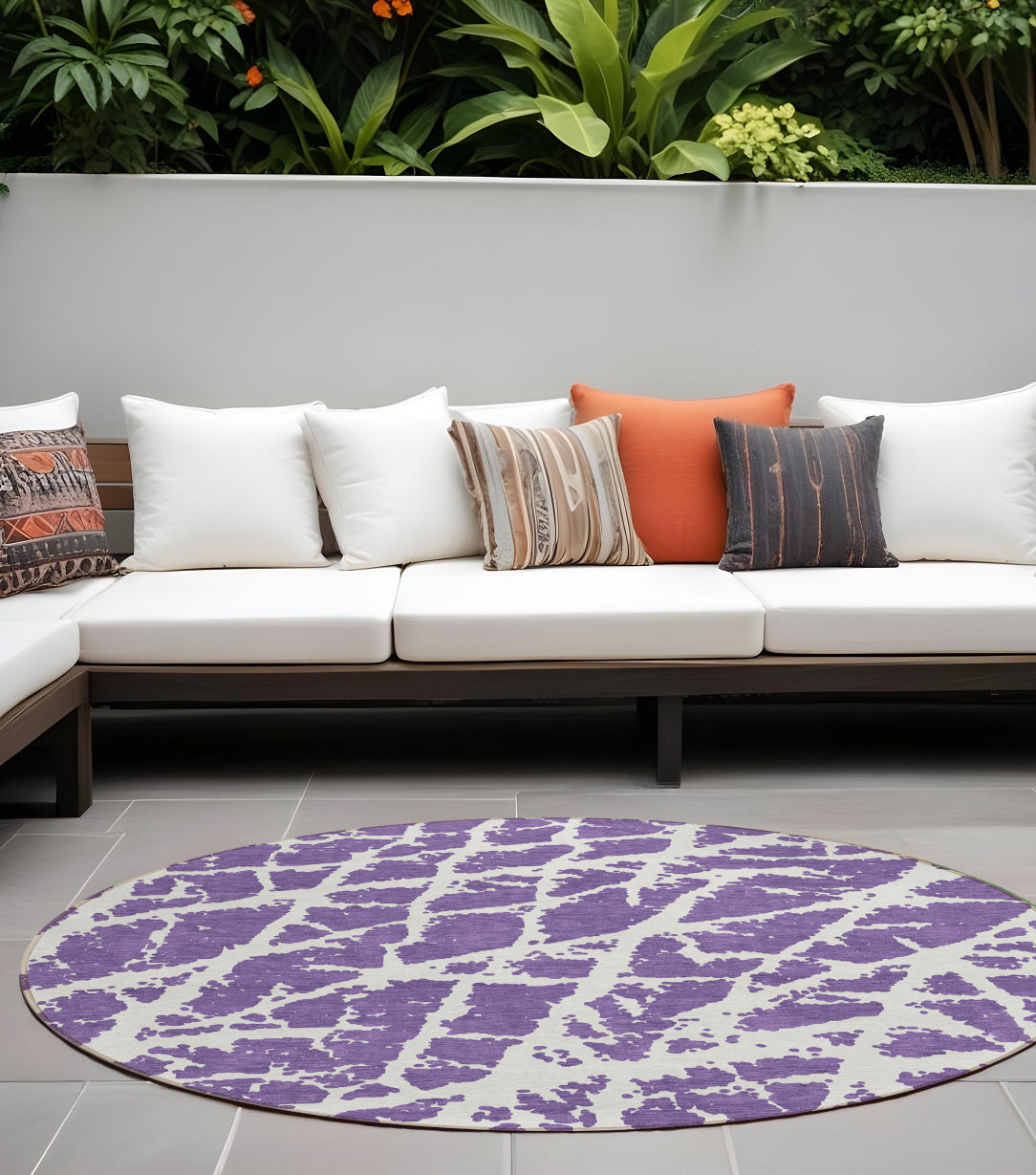 8' Round Purple And White Round Abstract Washable Non Skid Indoor Outdoor Area Rug