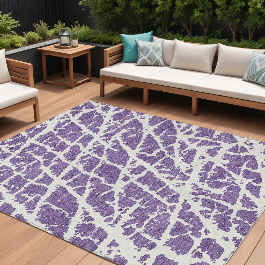10' X 14' Purple And White Abstract Washable Non Skid Indoor Outdoor Area Rug