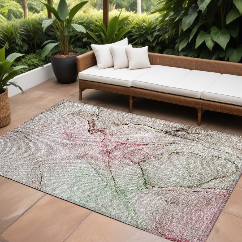 10' X 14' Gray And Pink Abstract Washable Non Skid Indoor Outdoor Area Rug