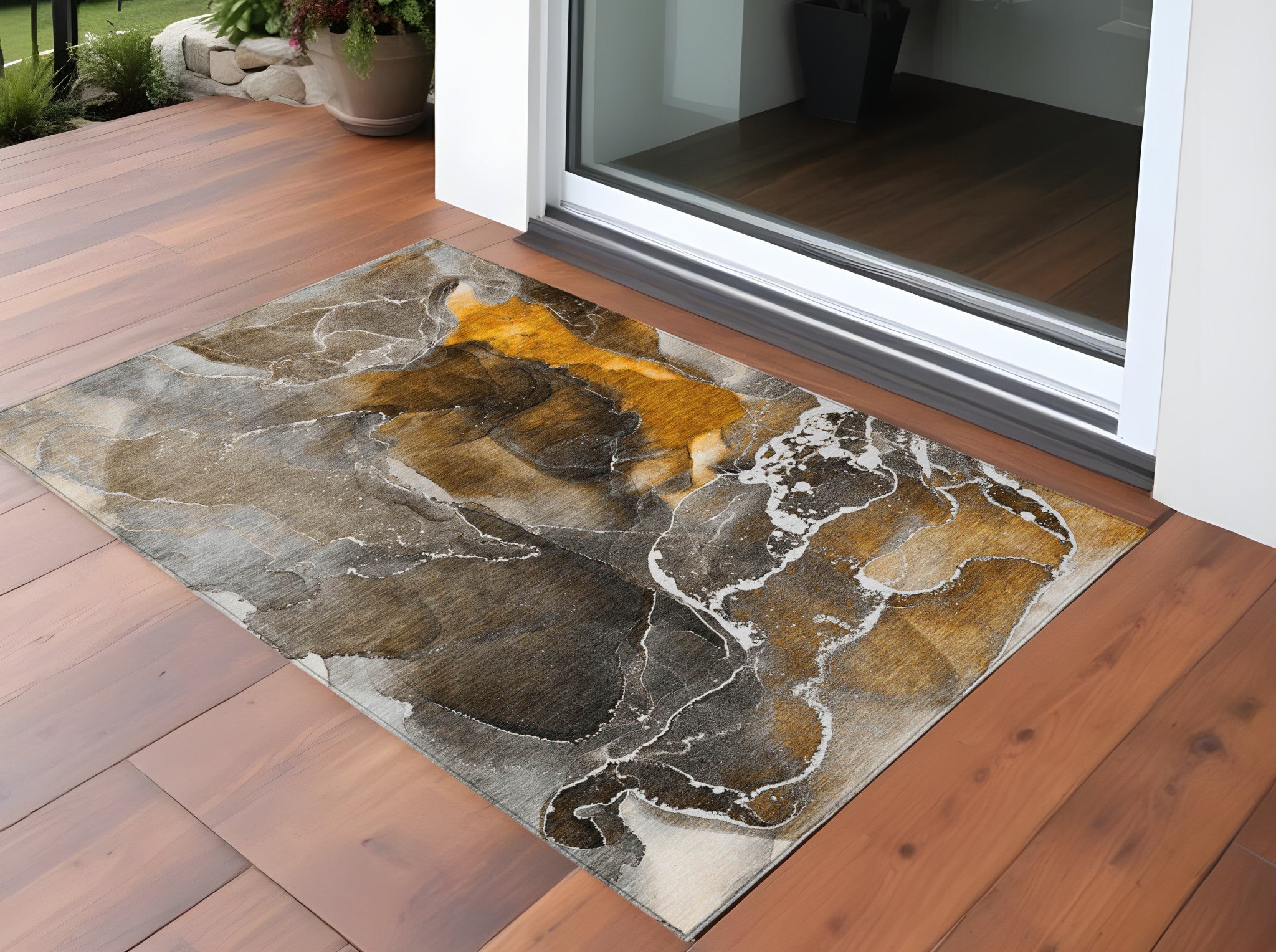 3' X 5' Brown And Gray Abstract Washable Non Skid Indoor Outdoor Area Rug