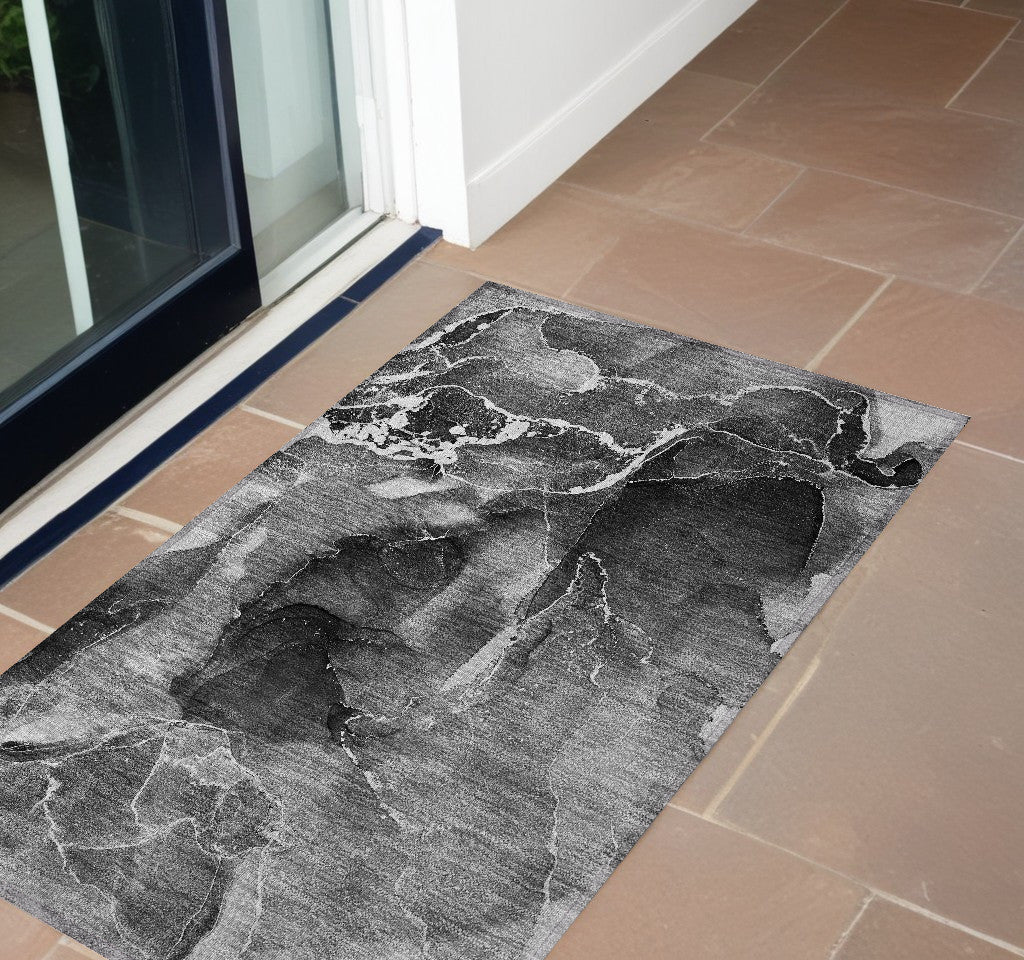 2' X 3' Black Gray And White Abstract Washable Non Skid Indoor Outdoor Area Rug