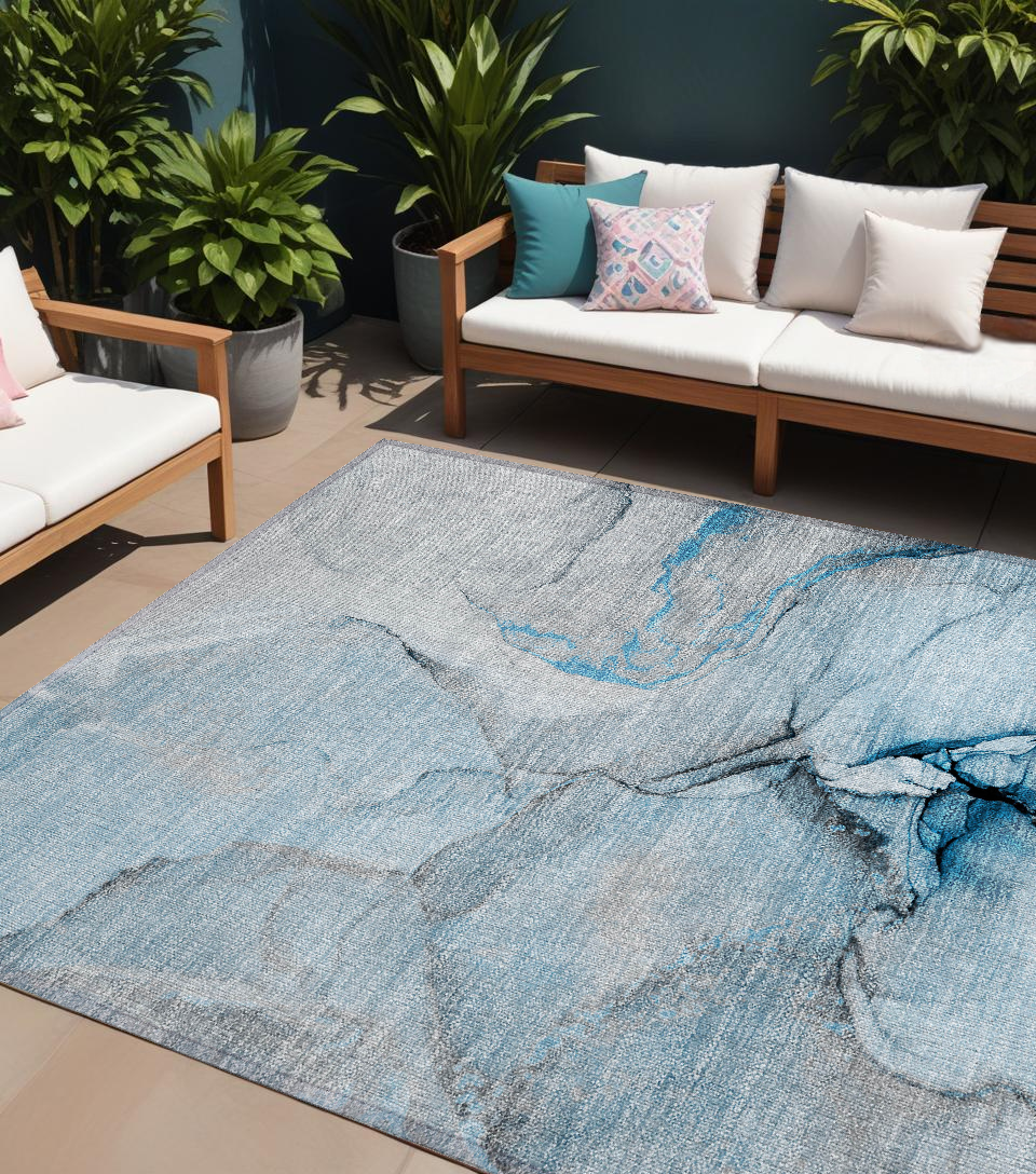 9' X 12' Blue And Ivory Abstract Washable Non Skid Indoor Outdoor Area Rug