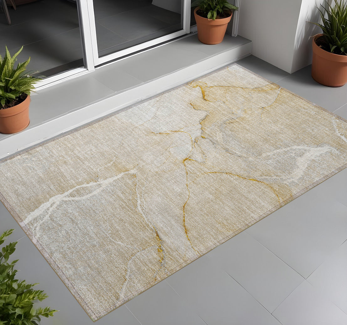 3' X 5' Beige Abstract Washable Indoor Outdoor Area Rug