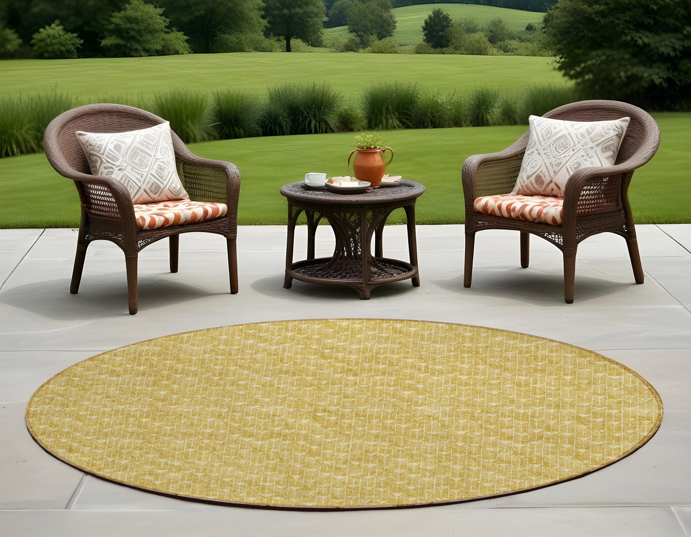 8' Round Gold Round Geometric Washable Non Skid Indoor Outdoor Area Rug