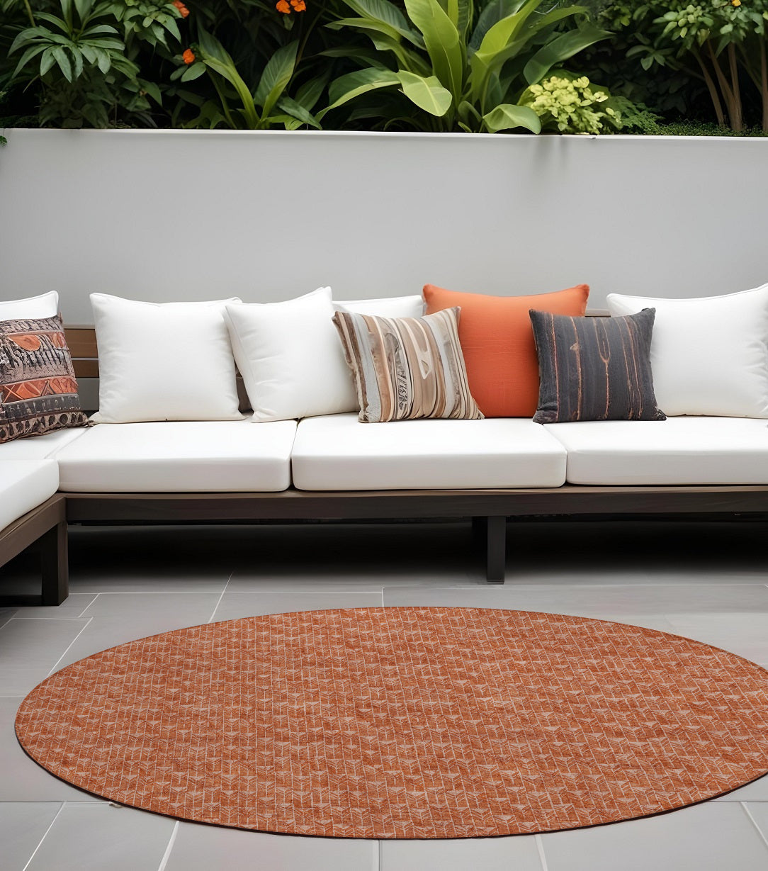 8' Round Terra Cotta Round Geometric Washable Non Skid Indoor Outdoor Area Rug