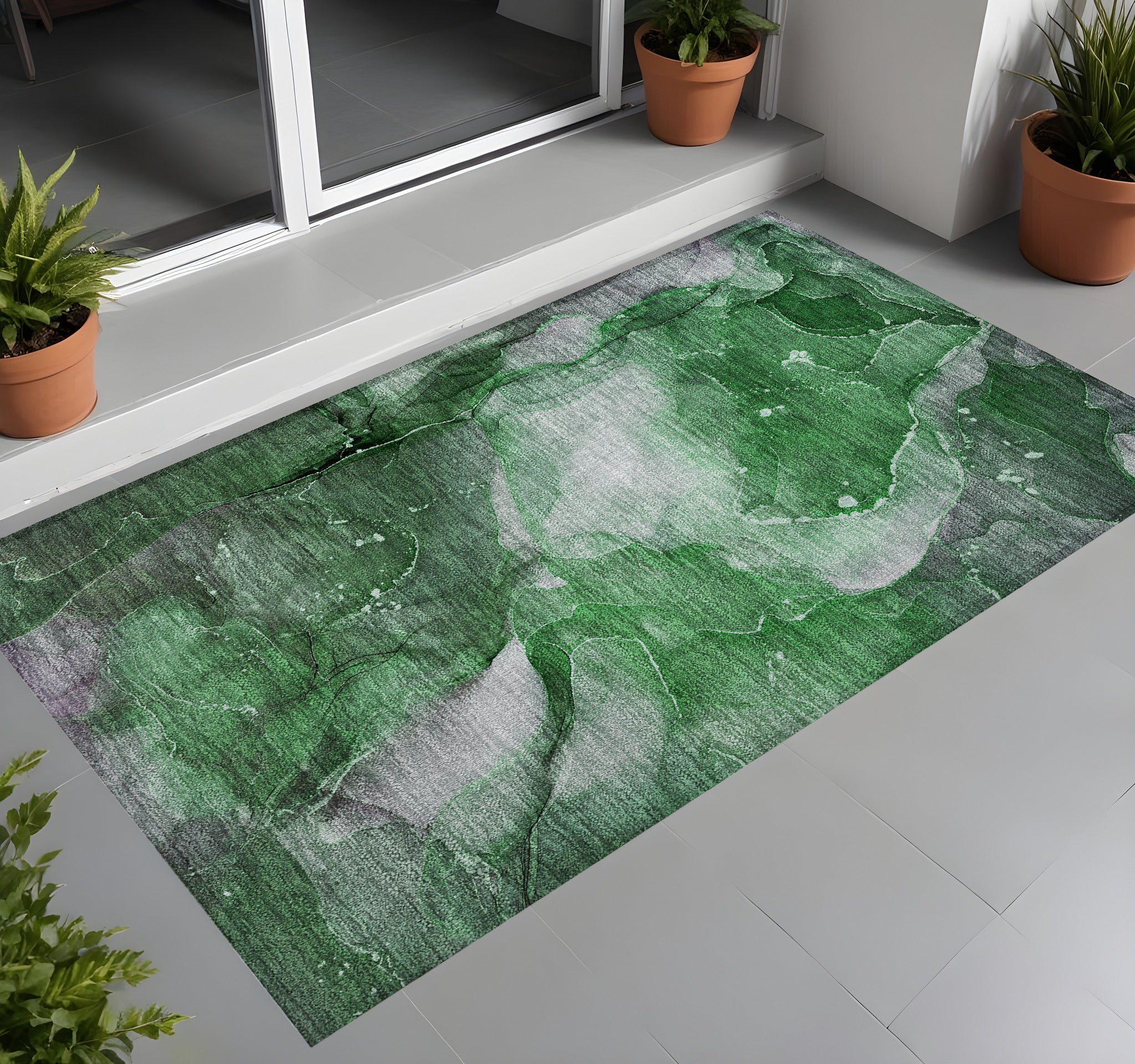 2' X 3' Emerald Abstract Washable Non Skid Indoor Outdoor Area Rug