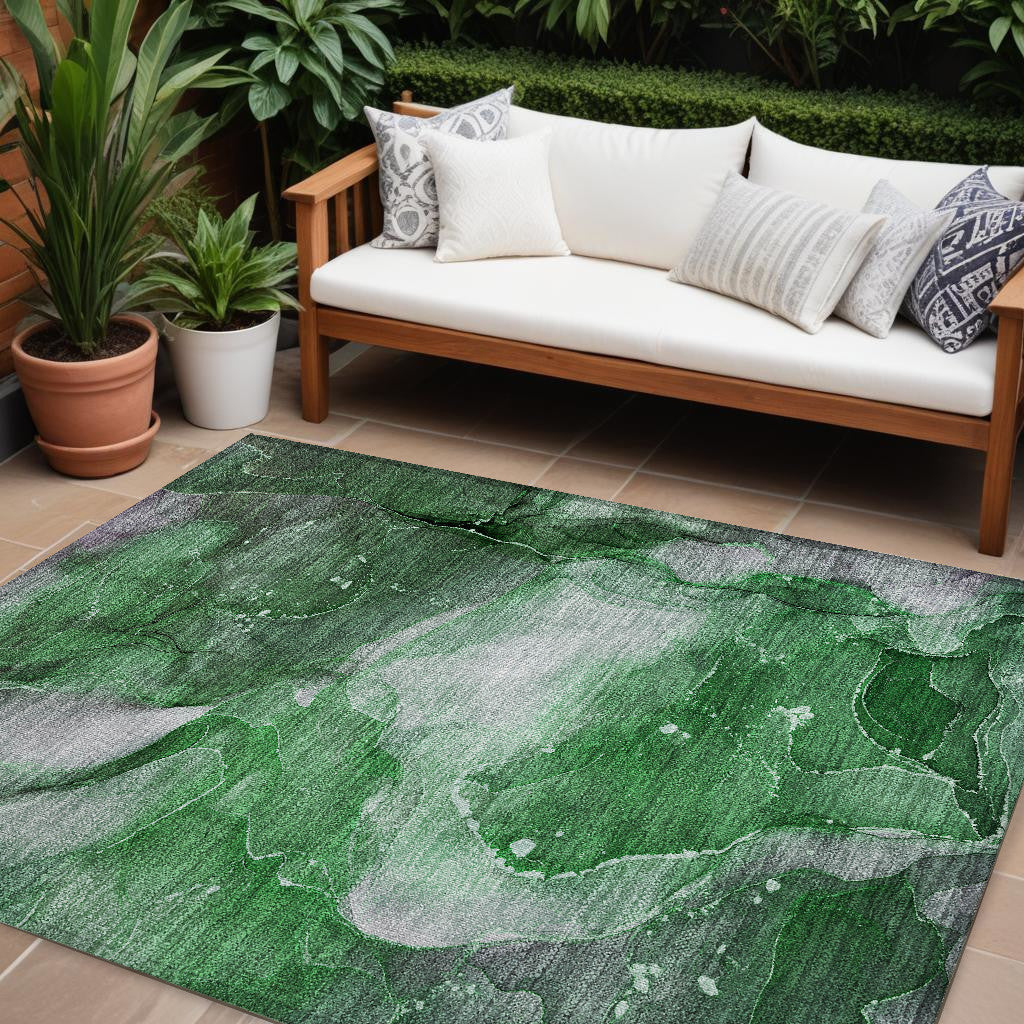 10' X 14' Emerald Abstract Washable Non Skid Indoor Outdoor Area Rug