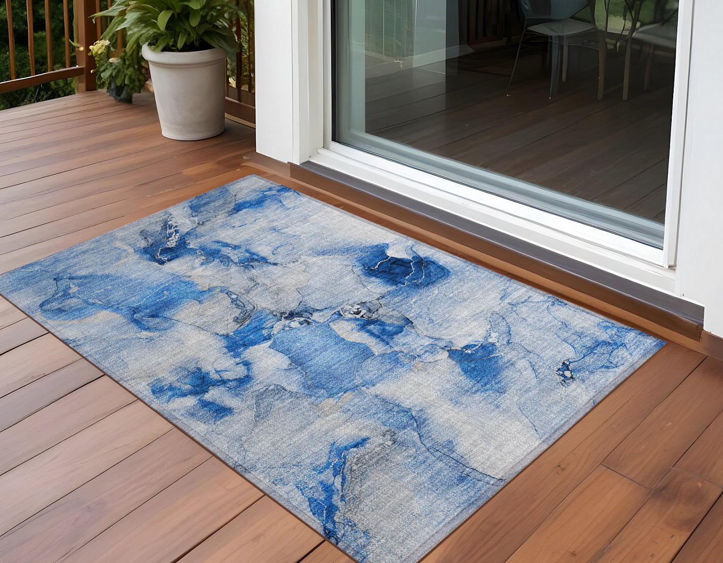 2' X 3' Navy Blue Abstract Washable Indoor Outdoor Area Rug