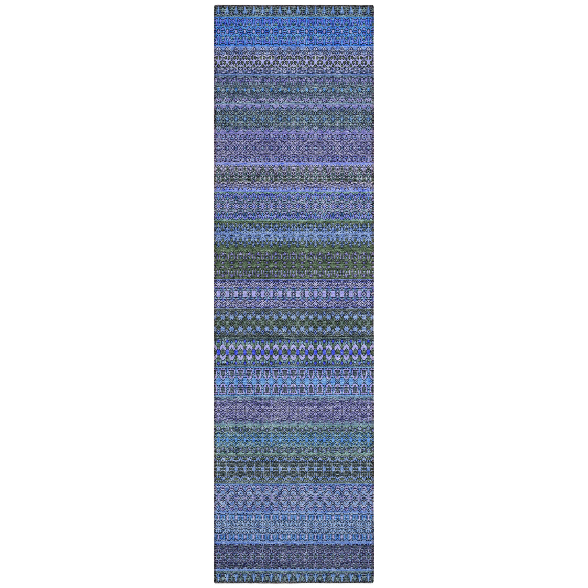 8' Runner Blue And Green Striped Washable Non Skid Indoor Outdoor Runner Rug