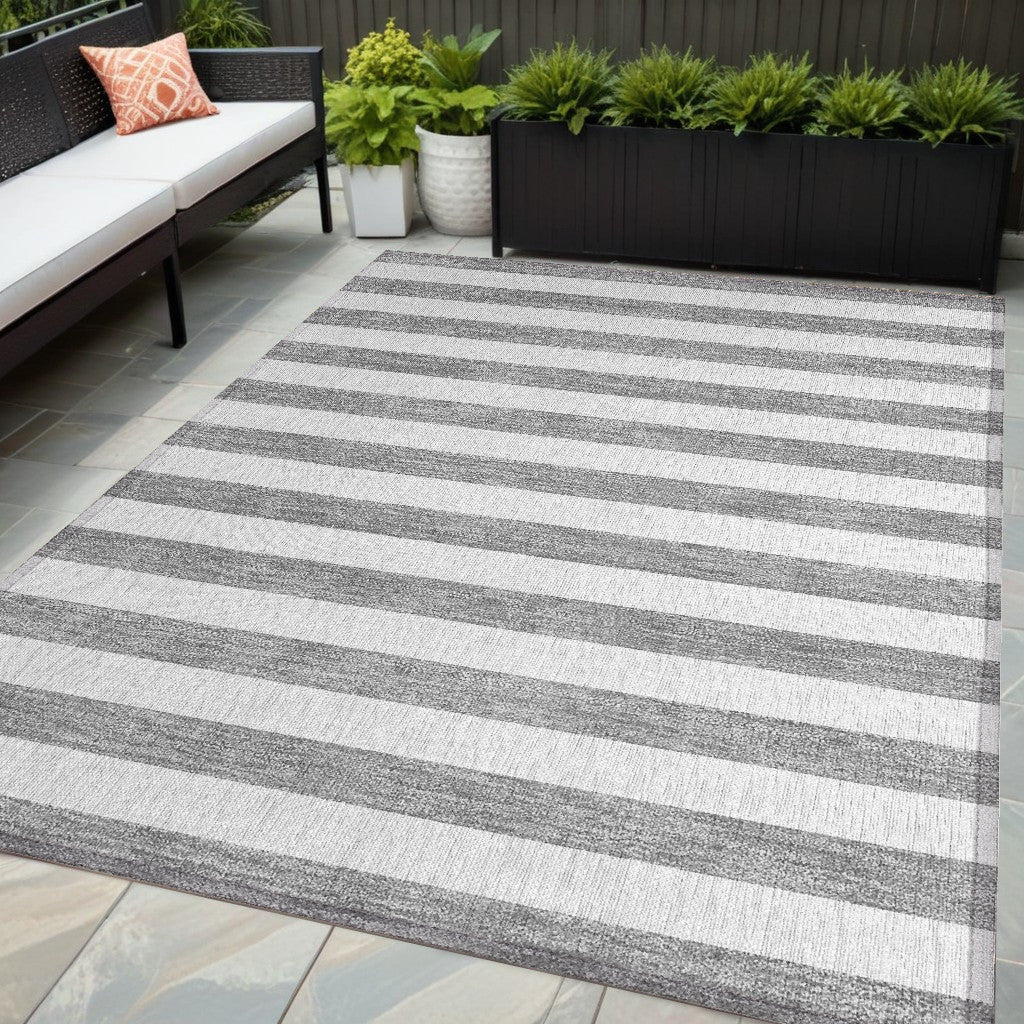 5' X 8' Gray And White Striped Washable Non Skid Indoor Outdoor Area Rug