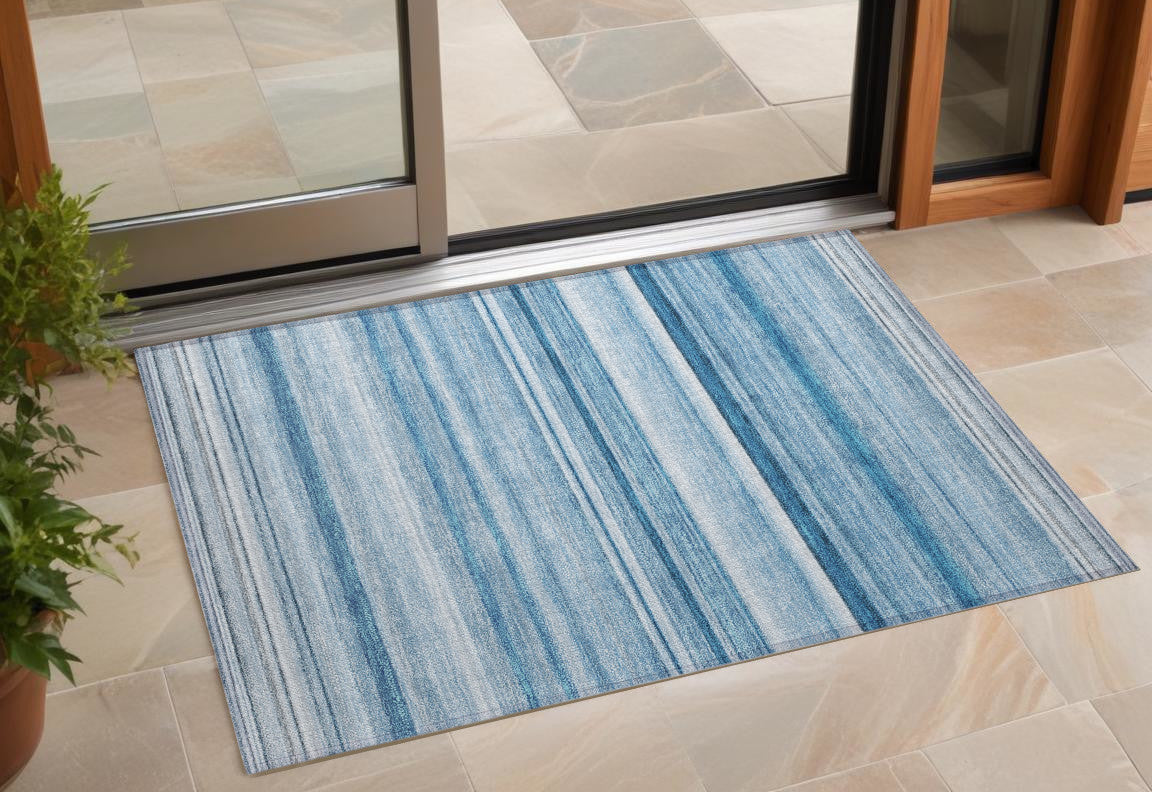 2' X 3' Blue Striped Washable Non Skid Indoor Outdoor Area Rug