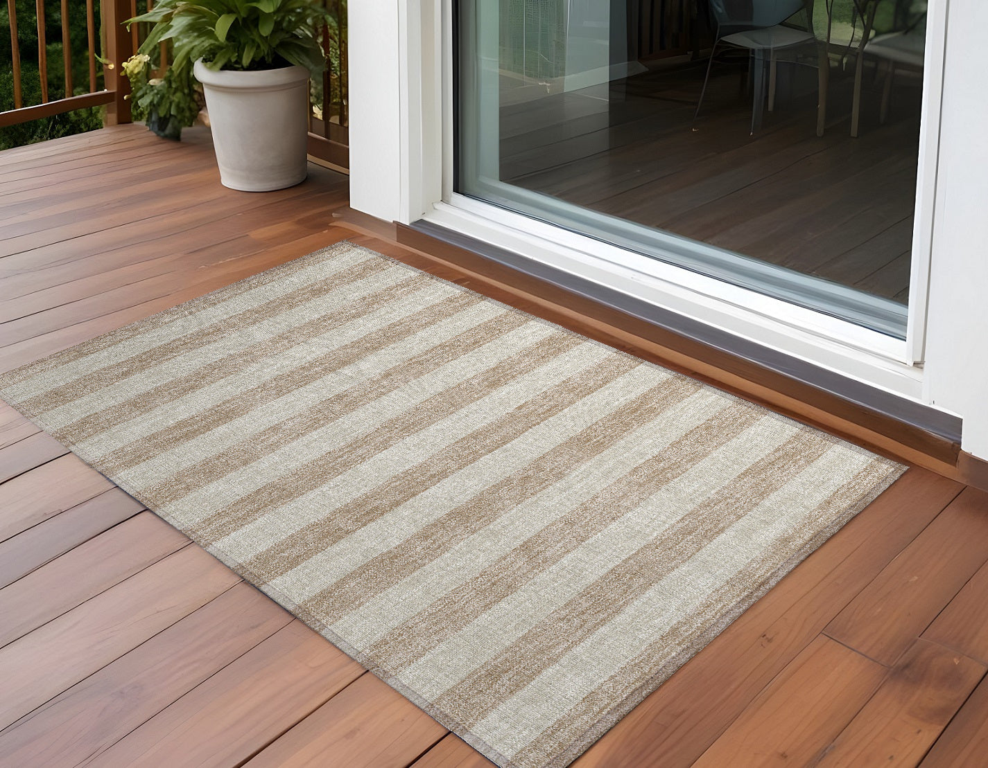 3' X 5' Beige Striped Washable Non Skid Indoor Outdoor Area Rug