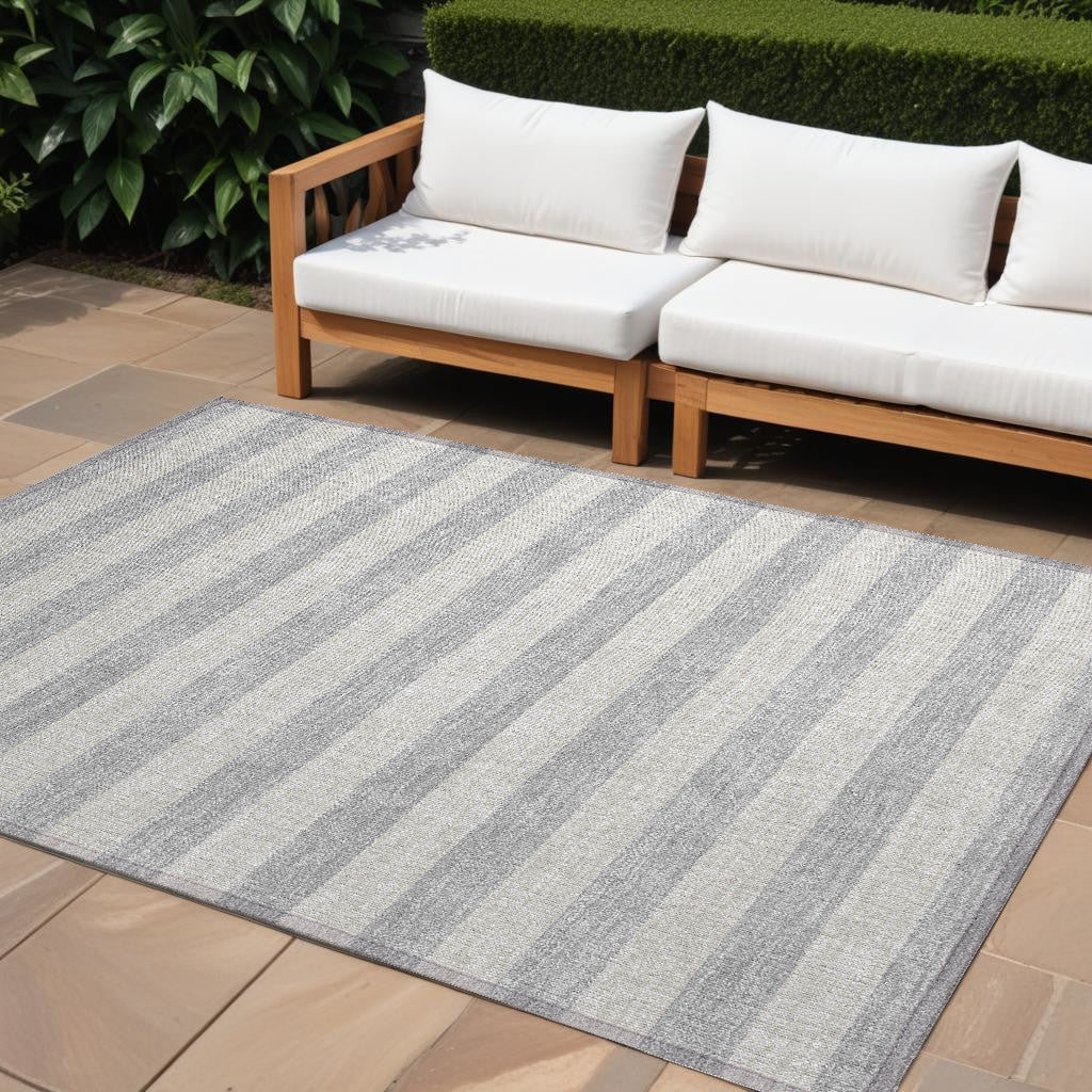 8' X 10' Gray And Ivory Striped Washable Non Skid Indoor Outdoor Area Rug
