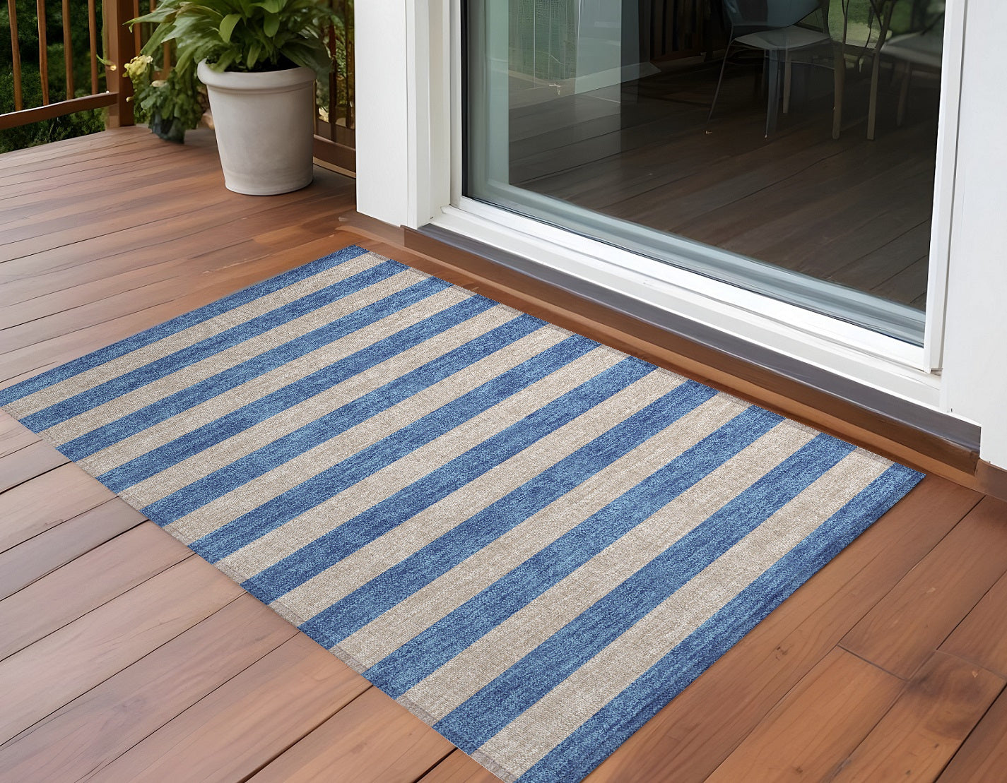 2' X 3' Tan Striped Washable Non Skid Indoor Outdoor Area Rug