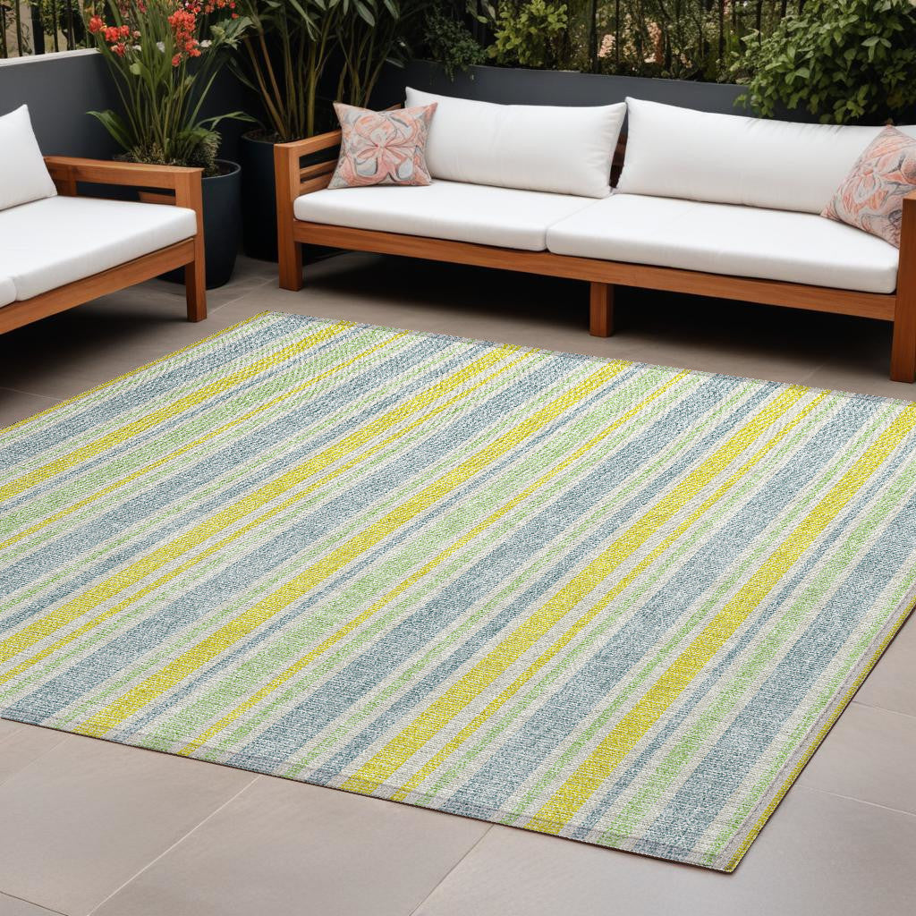 9' X 12' Blue And Yellow Striped Washable Non Skid Indoor Outdoor Area Rug