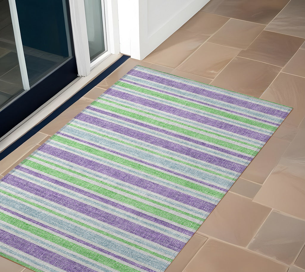 2' X 3' Lime Green Striped Washable Non Skid Indoor Outdoor Area Rug