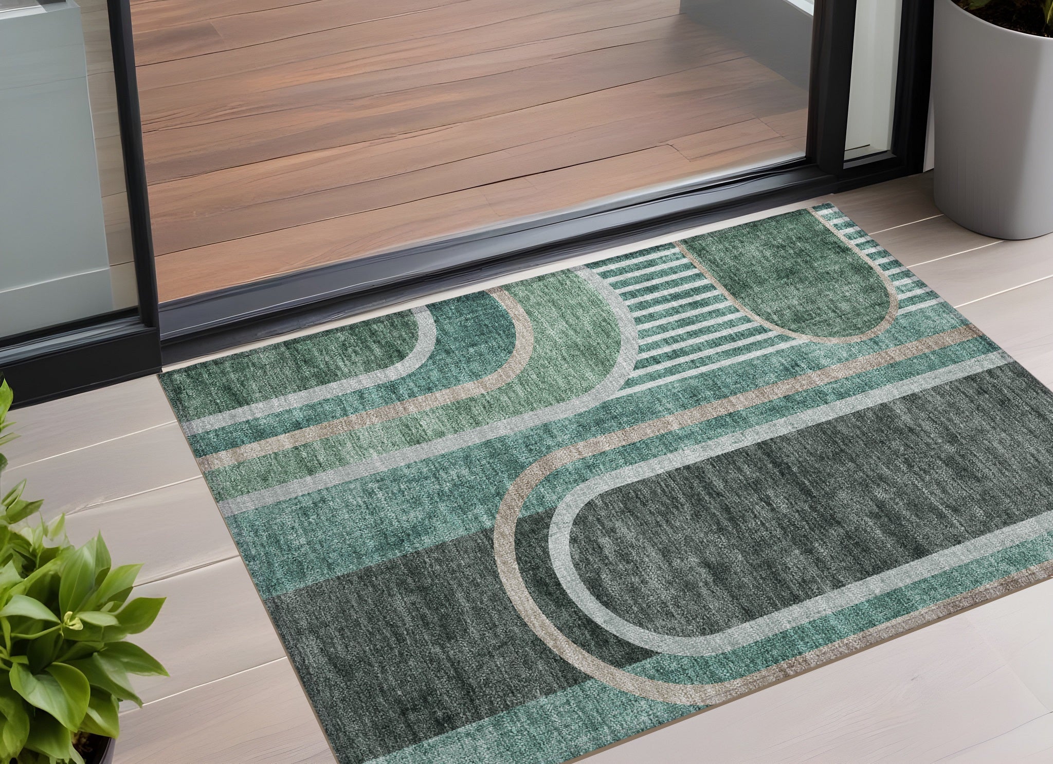 3' X 5' Black And Green Abstract Washable Non Skid Indoor Outdoor Area Rug