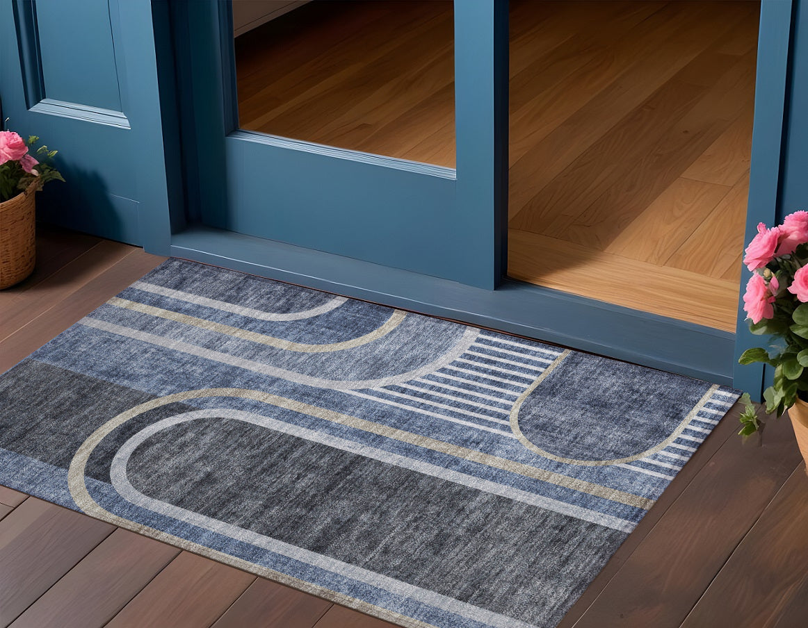 3' X 5' Blue And Black Abstract Washable Non Skid Indoor Outdoor Area Rug
