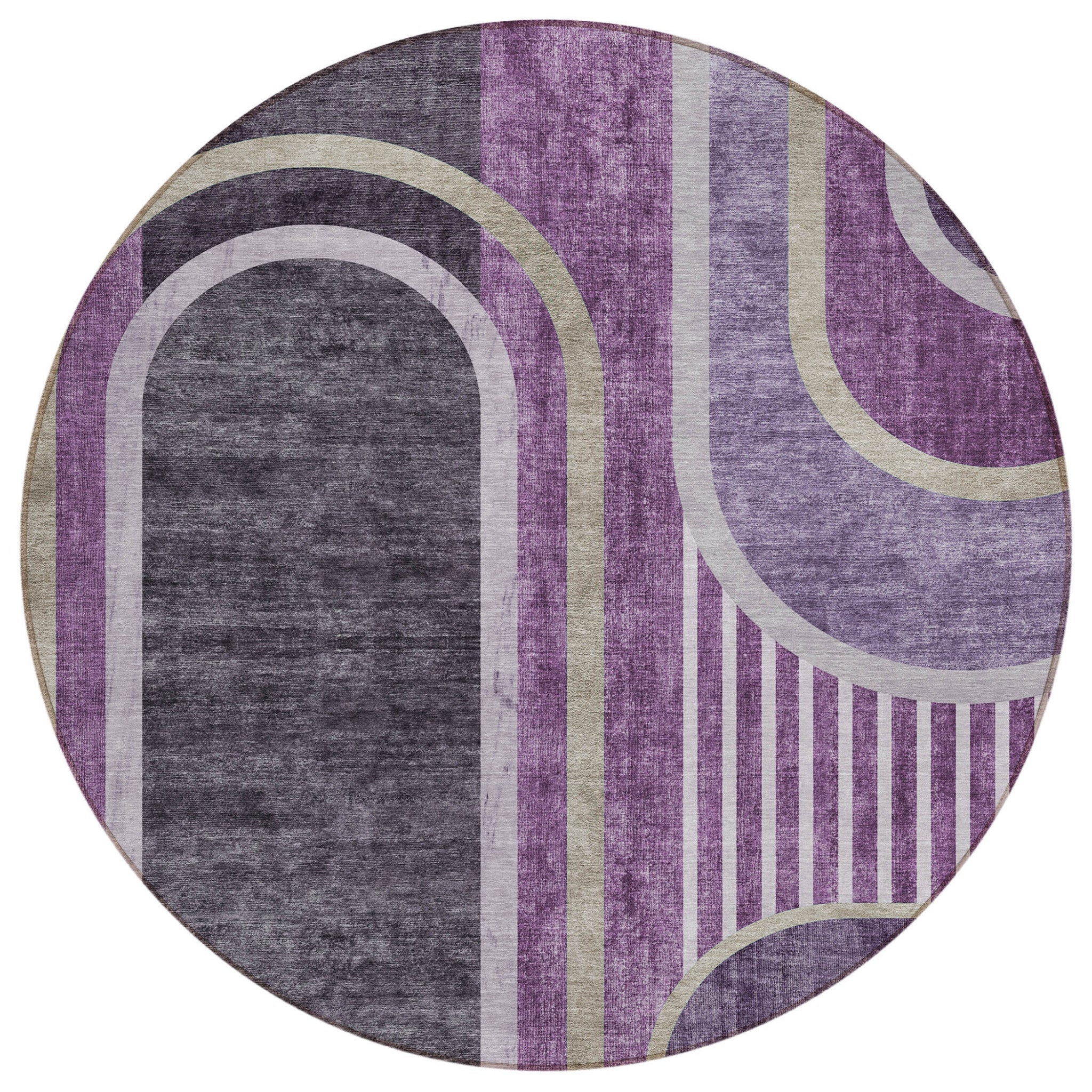 8' Round Purple And Black Round Abstract Washable Non Skid Indoor Outdoor Area Rug