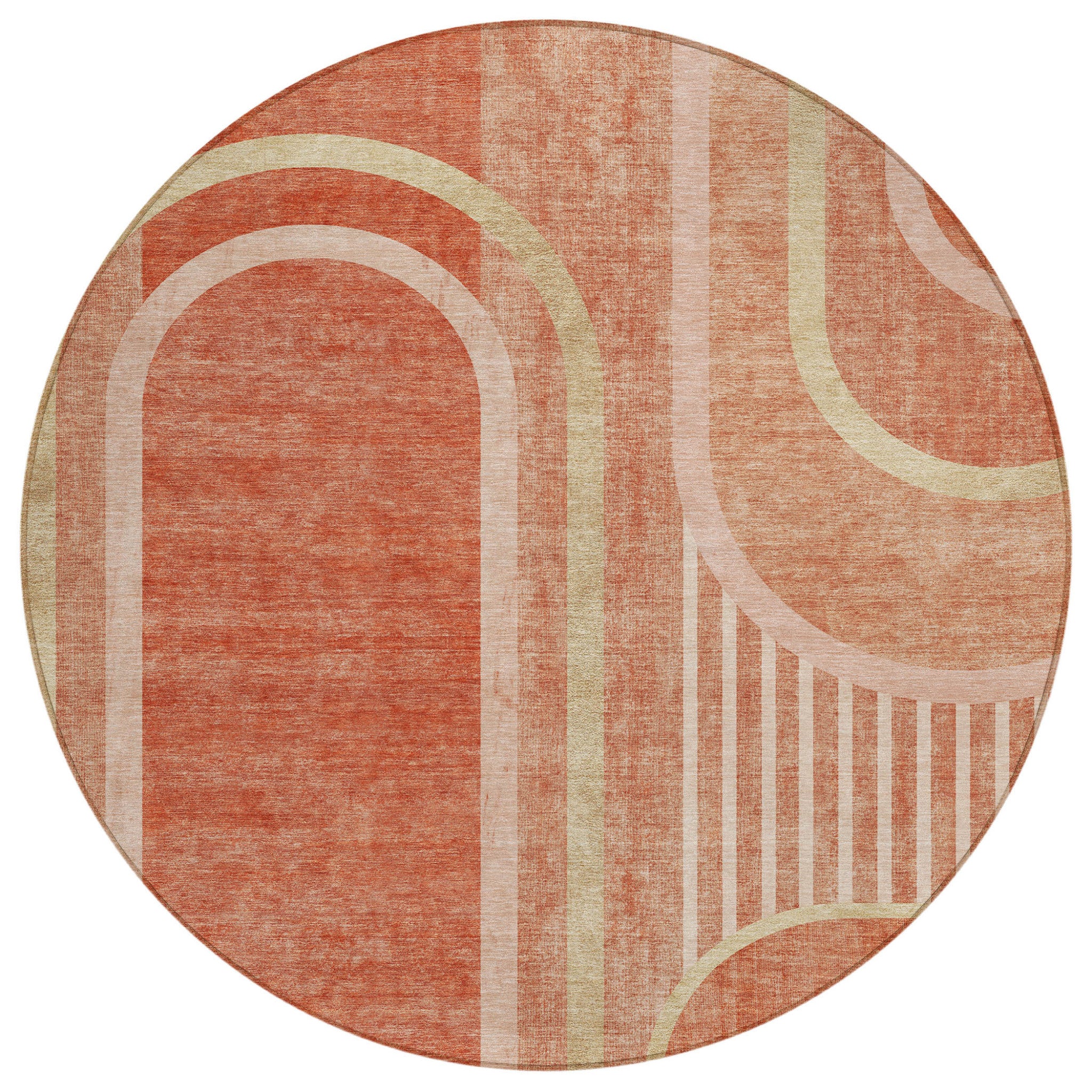 8' Round Salmon Round Abstract Washable Non Skid Indoor Outdoor Area Rug