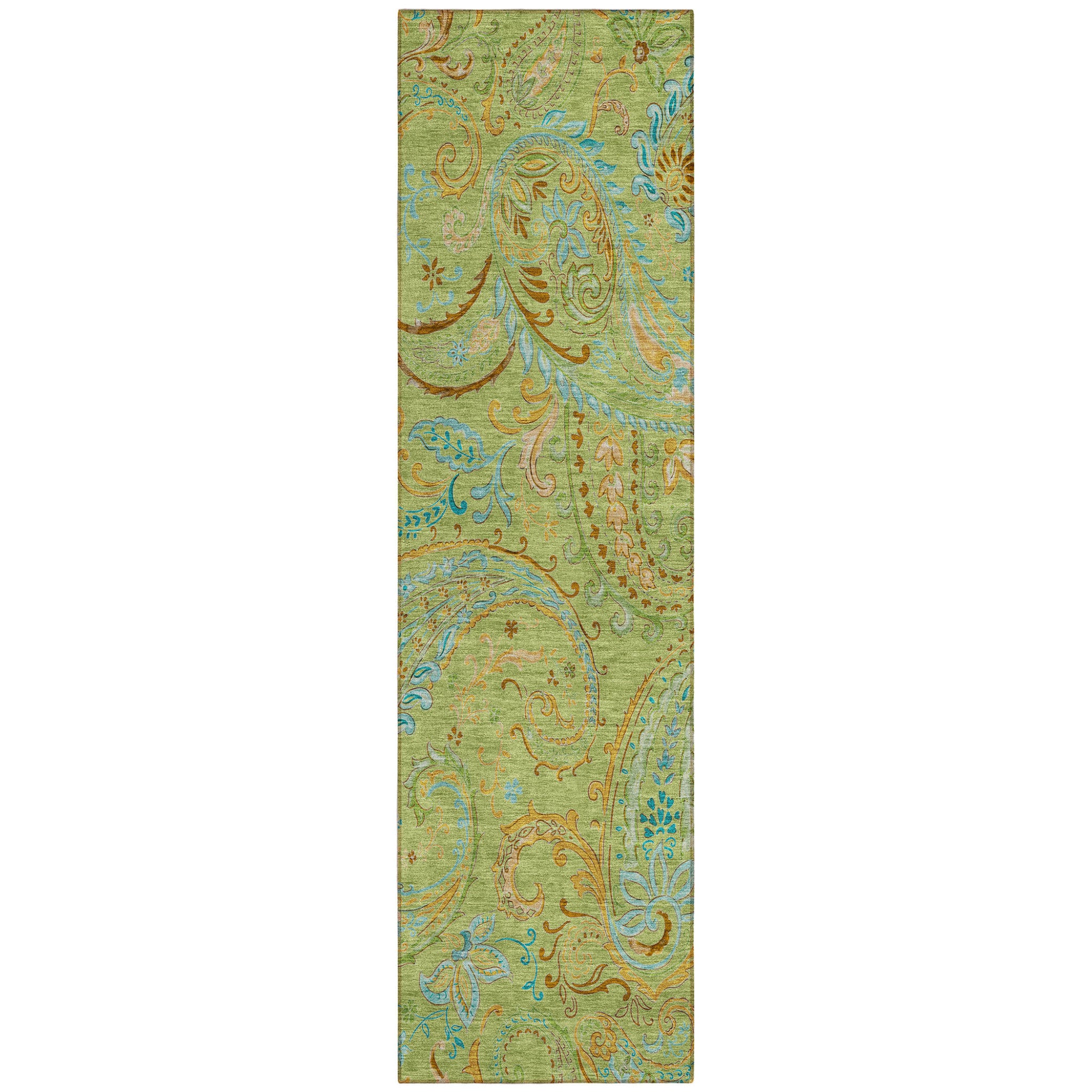 8' Runner Artichoke Green Paisley Washable Non Skid Indoor Outdoor Runner Rug