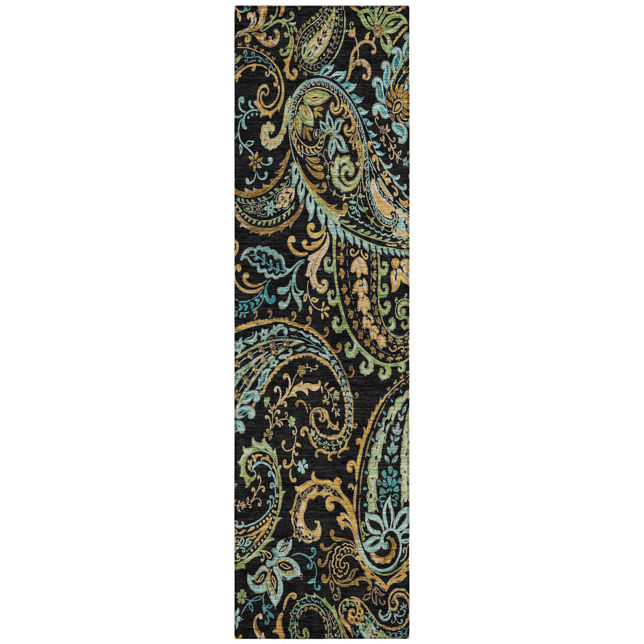 8' Runner Black And Gold Paisley Washable Non Skid Indoor Outdoor Runner Rug