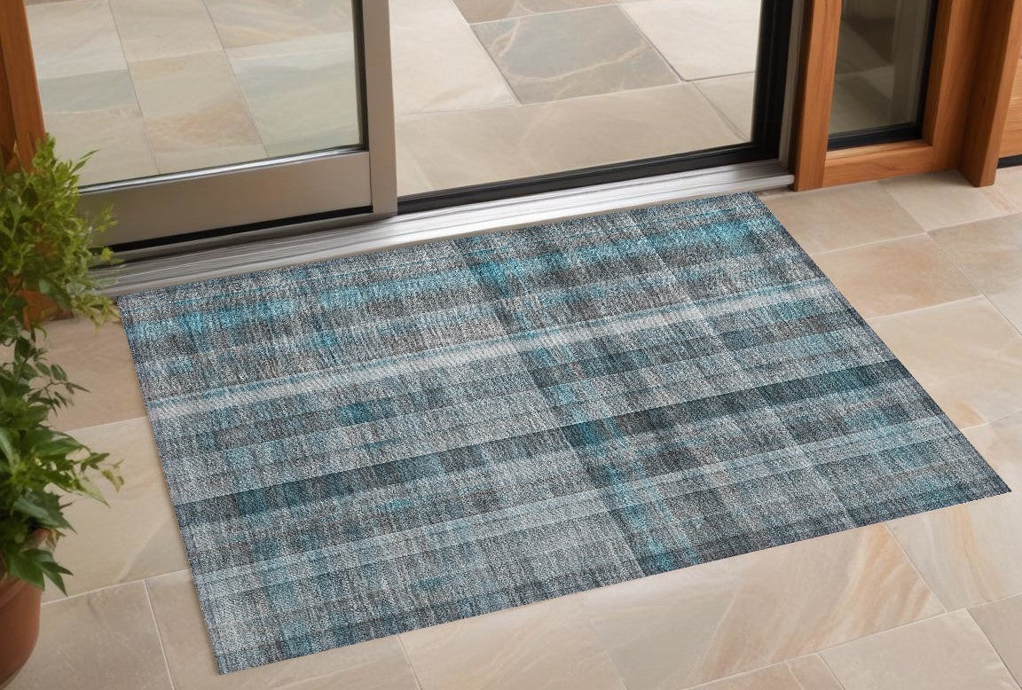 3' X 5' Teal Plaid Washable Non Skid Indoor Outdoor Area Rug