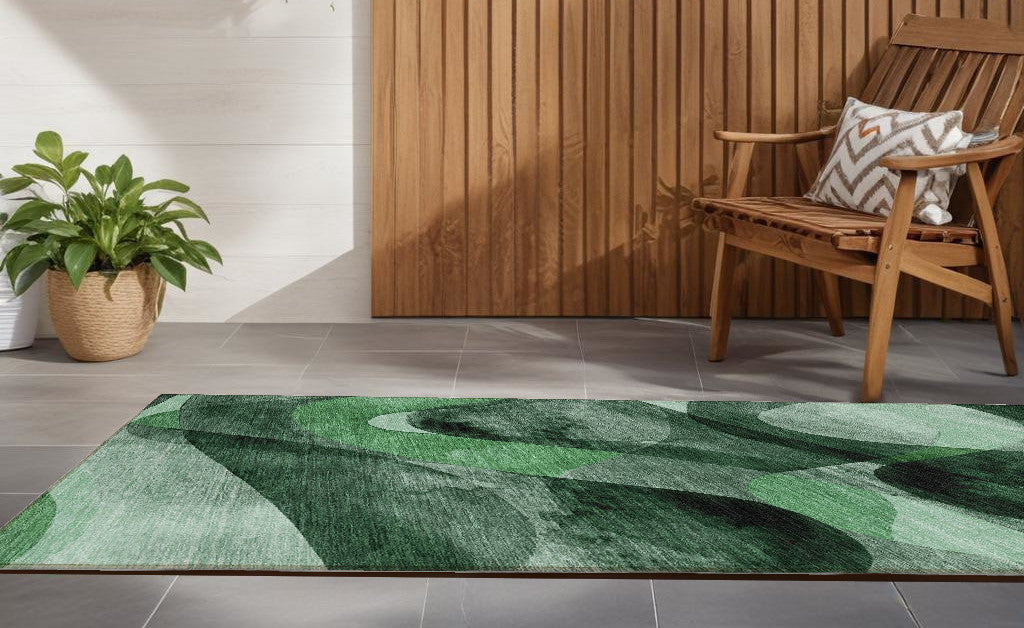 8' Runner Fern Green Abstract Washable Non Skid Indoor Outdoor Runner Rug