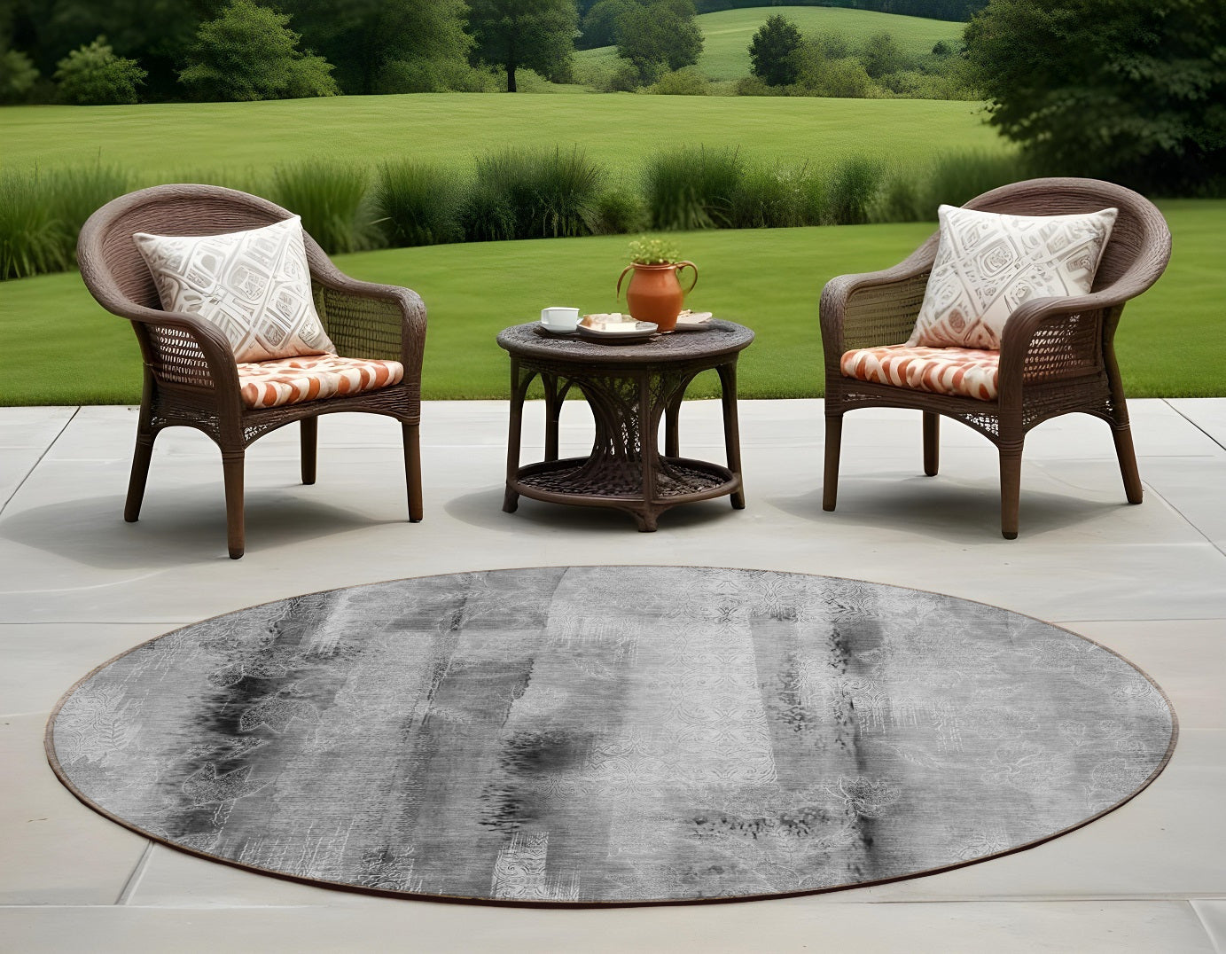 8' Round Gray Round Washable Non Skid Indoor Outdoor Area Rug