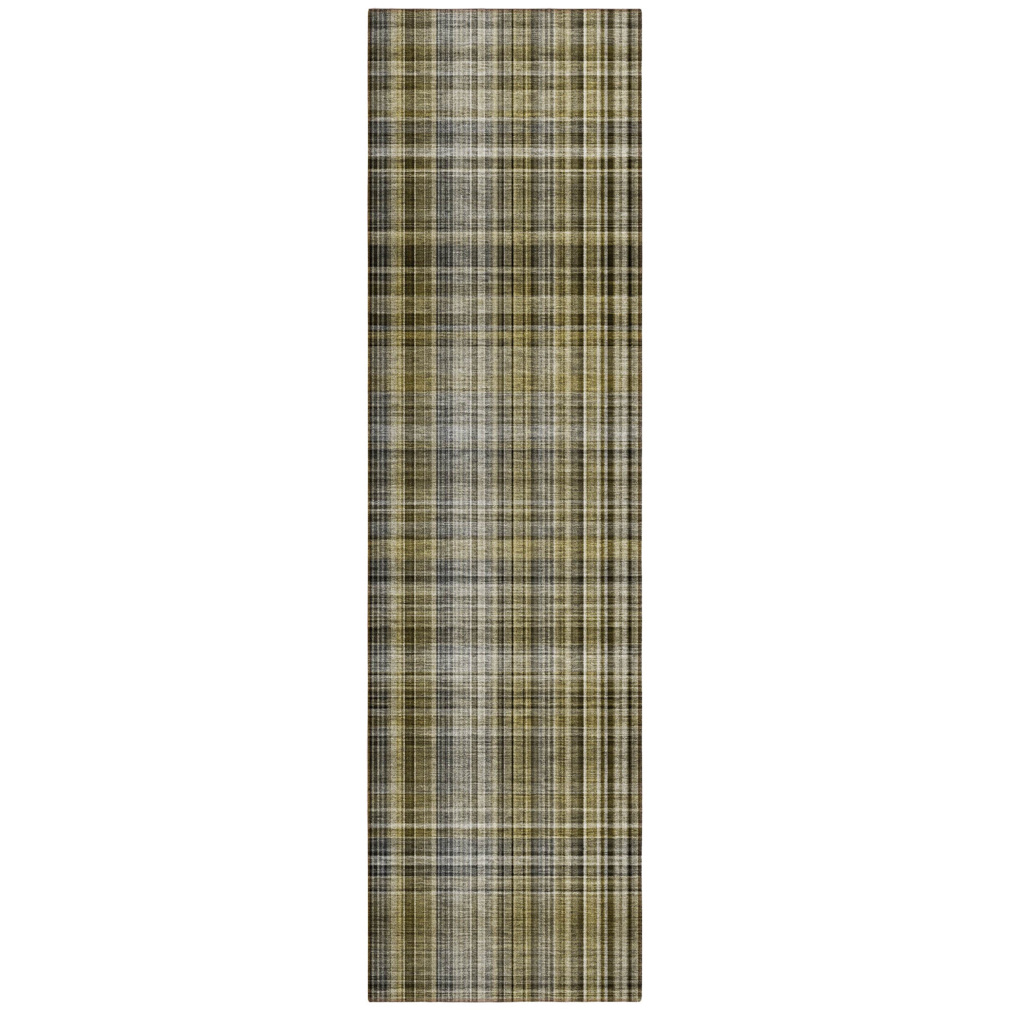 8' Runner Taupe Plaid Washable Non Skid Indoor Outdoor Runner Rug