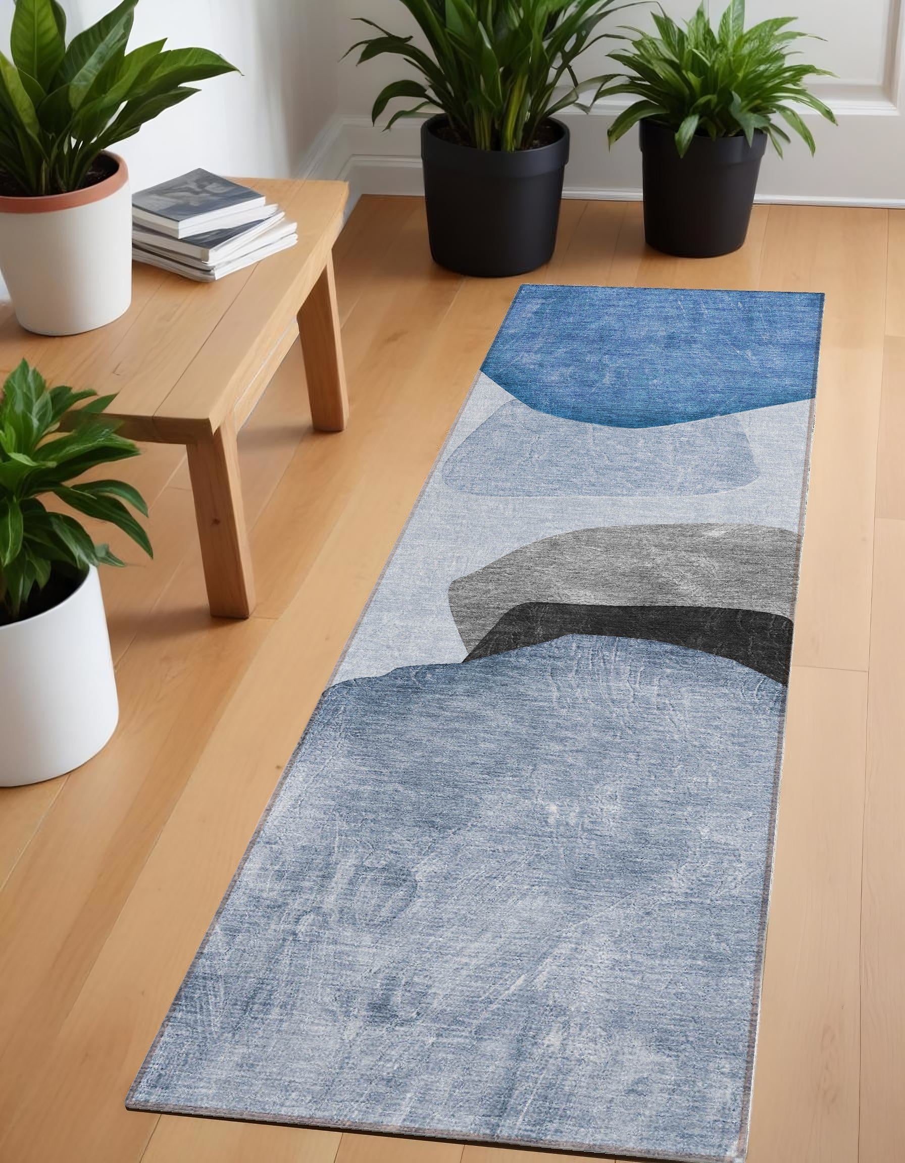 8' Runner Blue Gray And Black Abstract Washable Non Skid Indoor Outdoor Runner Rug