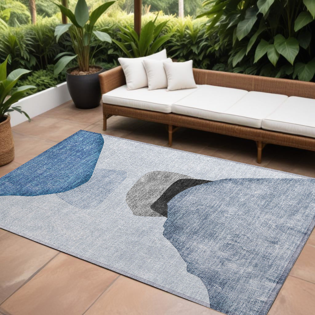 9' X 12' Blue Gray And Black Abstract Washable Non Skid Indoor Outdoor Area Rug