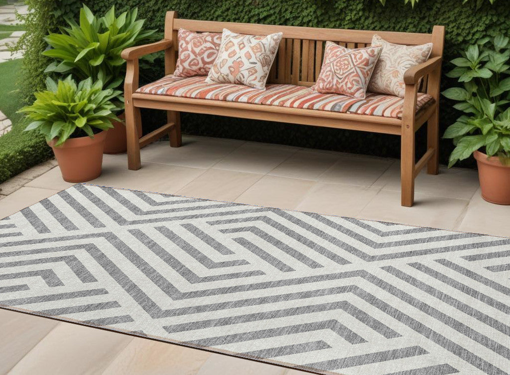 8' Runner Gray And Ivory Geometric Washable Non Skid Indoor Outdoor Runner Rug